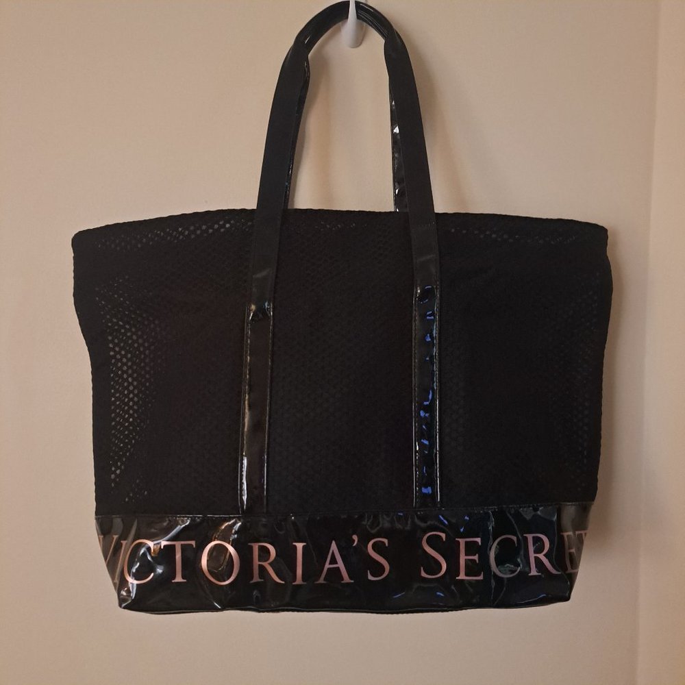 Victoria's Secret Black Patent Mesh Zip Top Weekender Tote Bag